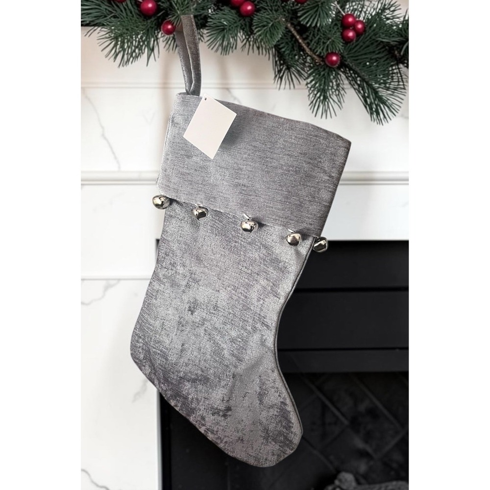 Hobby‎ Lobby Metallic Gray Jingle Bells Christmas Stocking 17.5" X 10.5" Velour